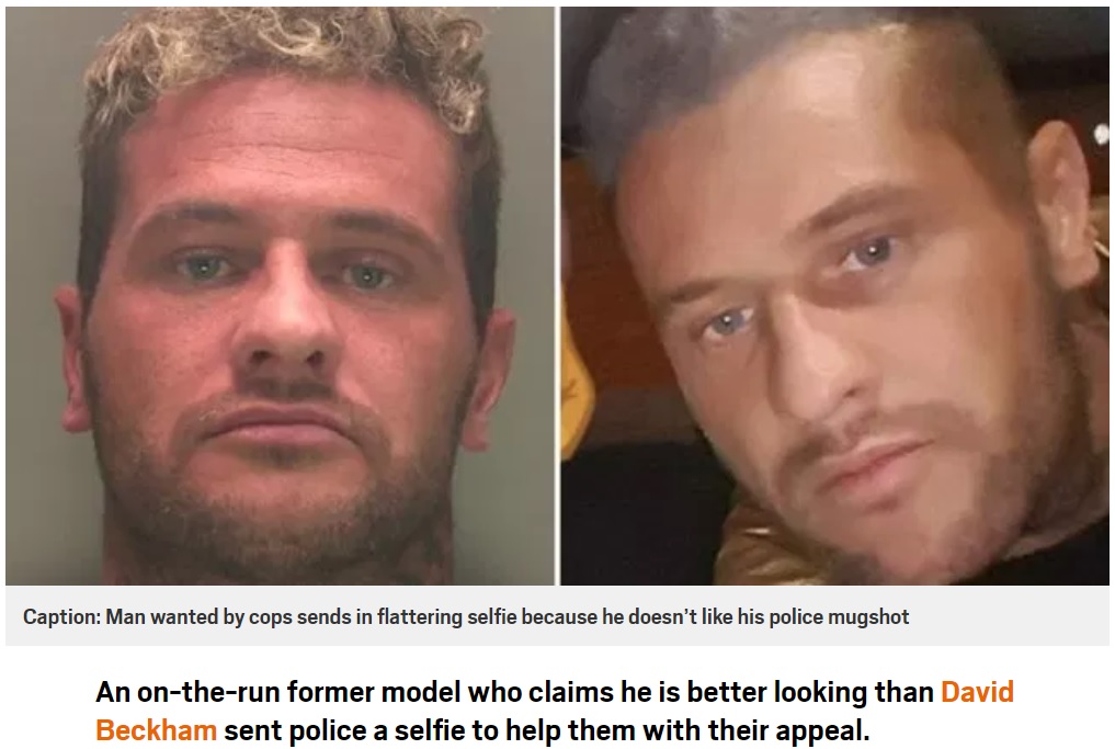 警察が公開した指名手配写真（左）と男が投稿したセルフィー（右）（画像は『Metro　2019年7月26日付「Wanted man didn’t like police mugshot so sent a more flattering selfie」』のスクリーンショット）