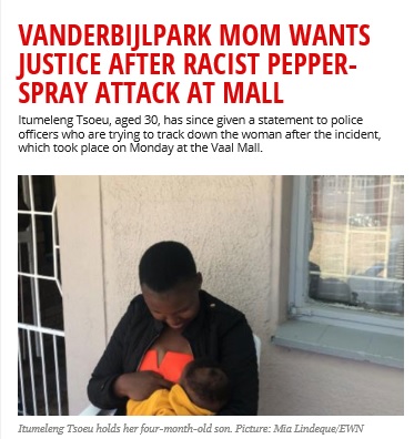 ペッパースプレーをかけられる被害に遭った母子（画像は『EWN　2019年8月16日付「VANDERBIJLPARK MOM WANTS JUSTICE AFTER RACIST PEPPER-SPRAY ATTACK AT MALL」（Picture: Mia Lindeque/EWN）』のスクリーンショット）