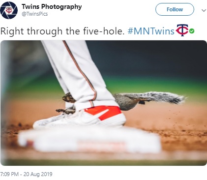 MLB選手の足の間を走り拭けるリス（画像は『Twins Photography　2019年8月20日付Twitter「Right through the five-hole. ＃MNTwins」』のスクリーンショット）