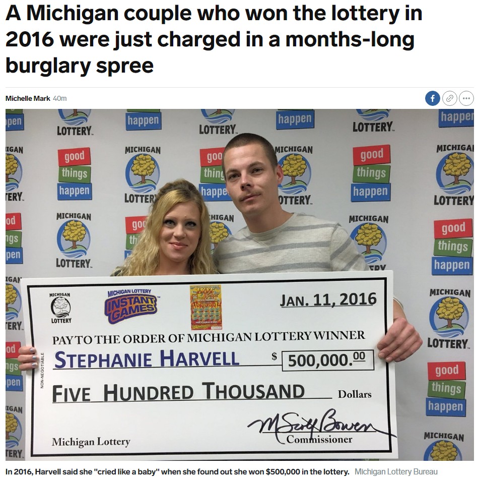 3年前に宝くじで大金を手にした夫婦、今は刑務所へ（画像は『INSIDER　2019年9月4日付「A Michigan couple who won the lottery in 2016 were just charged in a months-long burglary spree」（Michigan Lottery Bureau）』のスクリーンショット）