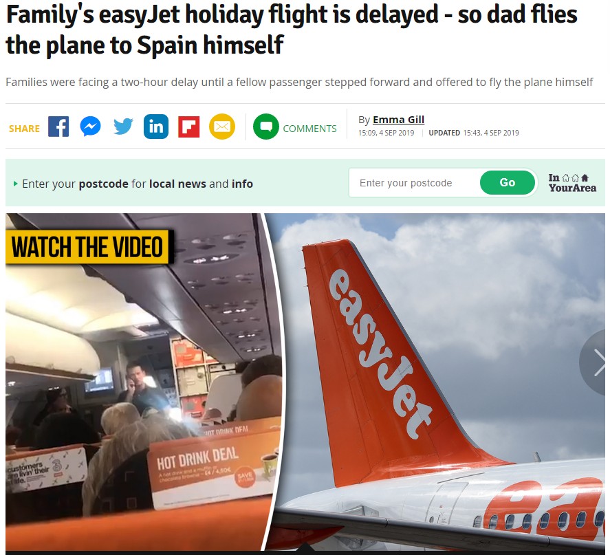 不在パイロットの代わりに操縦したのは…（画像は『Manchester Evening News　2019年9月4日付「Family’s easyJet holiday flight is delayed - so dad flies the plane to Spain himself」』のスクリーンショット）