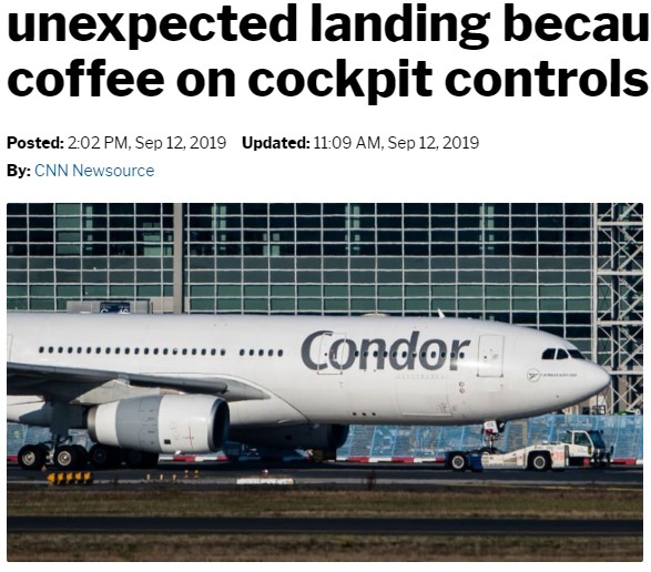 1杯のコーヒーをこぼしただけで緊急着陸する羽目に（画像は『WPTV.com　2019年9月12日付「Plane in Europe forced to make unexpected landing because pilot spilled coffee on cockpit controls」』のスクリーンショット）