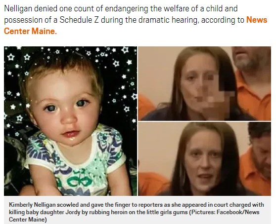1歳娘の歯茎にヘロインを塗り死なせた母親（画像は『Metro　2019年9月19日付「Mother ‘who killed baby by rubbing heroin on her gums’ gives finger as she appears in court」（Picture: Pictures: Facebook/News Center Maine）』のスクリーンショット）