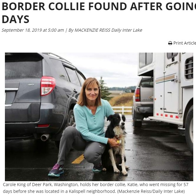 郵便局での仕事を辞め愛犬を捜し続けた女性（画像は『Daily Inter Lake　2019年9月18日付「BORDER COLLIE FOUND AFTER GOING MISSING FOR 57 DAYS」（Mackenzie Reiss/Daily Inter Lake）』のスクリーンショット）