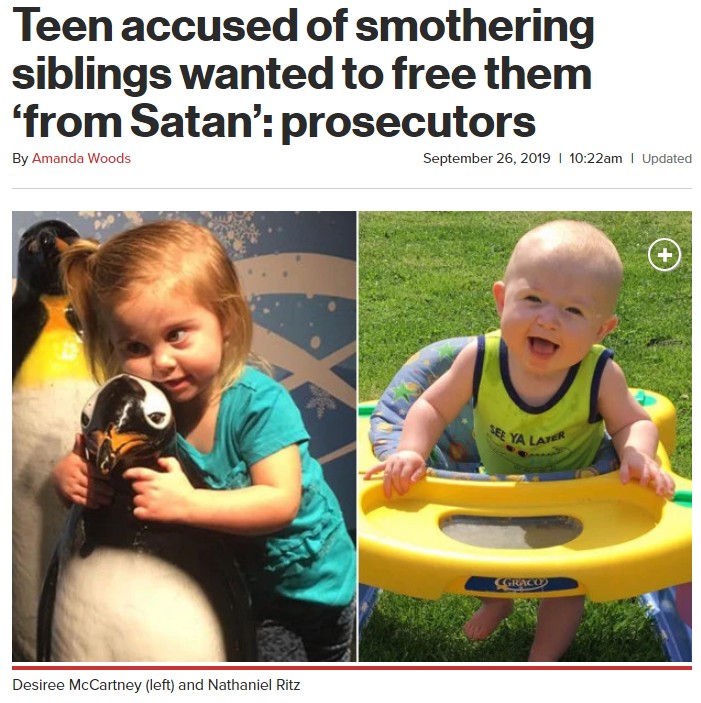 兄に殺害された幼い妹と弟（画像は『New York Post　2019年9月26日付「Teen accused of smothering siblings wanted to free them ‘from Satan’: prosecutors」』のスクリーンショット）