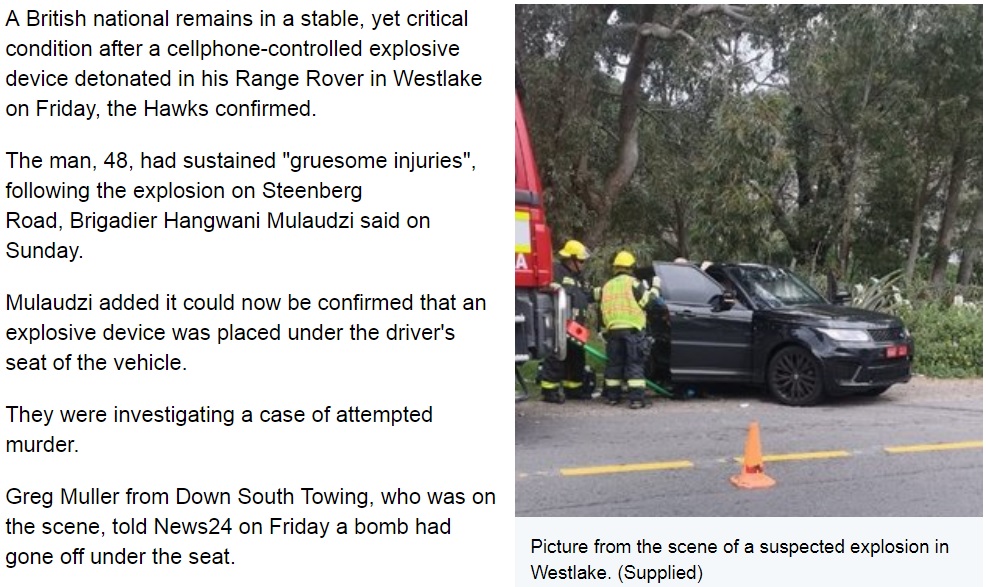 レッカー業者や爆発処理班らが現場に急行（画像は『News24　2019年9月1日付「Hawks probe cellphone-controlled car bomb that left UK man with ‘gruesome’ injuries」（Supplied）』のスクリーンショット）