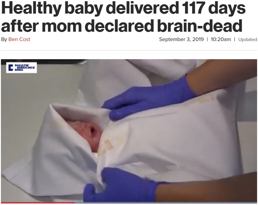 母の脳死から117日後に誕生した赤ちゃん（画像は『New York Post　2019年9月3日付「Healthy baby delivered 117 days after mom declared brain-dead」』のスクリーンショット）