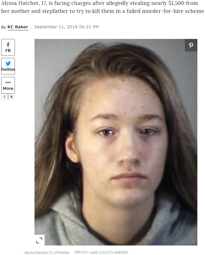 殺し屋を雇い両親を殺害しようとした女子高生（画像は『PEOPLE.com　2019年9月11日付「Fla. Teen Allegedly Stole Parents’ Debit Card to Fund Murder-for-Hire Plot Against Them」（PHOTO：LAKE COUNTY SHERIFF）』のスクリーンショット）