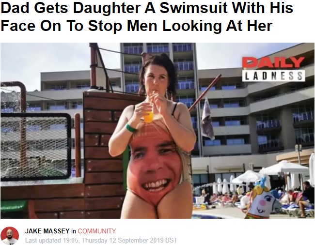 父親の顔が大きくプリントされた水着（画像は『LADbible　2019年9月12日付「Dad Gets Daughter A Swimsuit With His Face On To Stop Men Looking At Her」（Credit: LADbible）』のスクリーンショット）