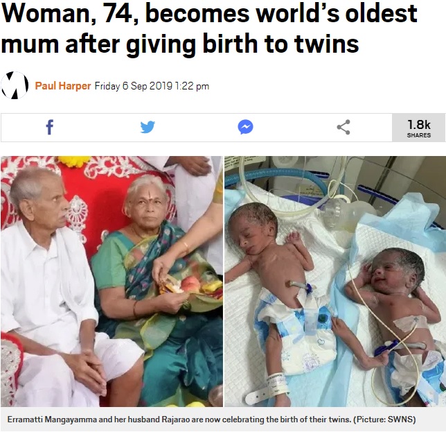 57年間子供に恵まれなかった夫婦が双子を授かる（画像は『Metro　2019年9月6日付「Woman, 74, becomes world’s oldest mum after giving birth to twins」（Picture: SWNS）』のスクリーンショット）