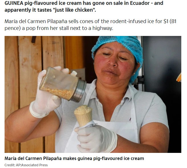 モルモット風味のアイスクリームを売る女性（画像は『The Sun　2019年10月5日付「PIGGING OUT Bizarre Guinea pig flavoured ice cream introduced by stall owner in Ecuador」（Credit: AP:Associated Press）』のスクリーンショット）