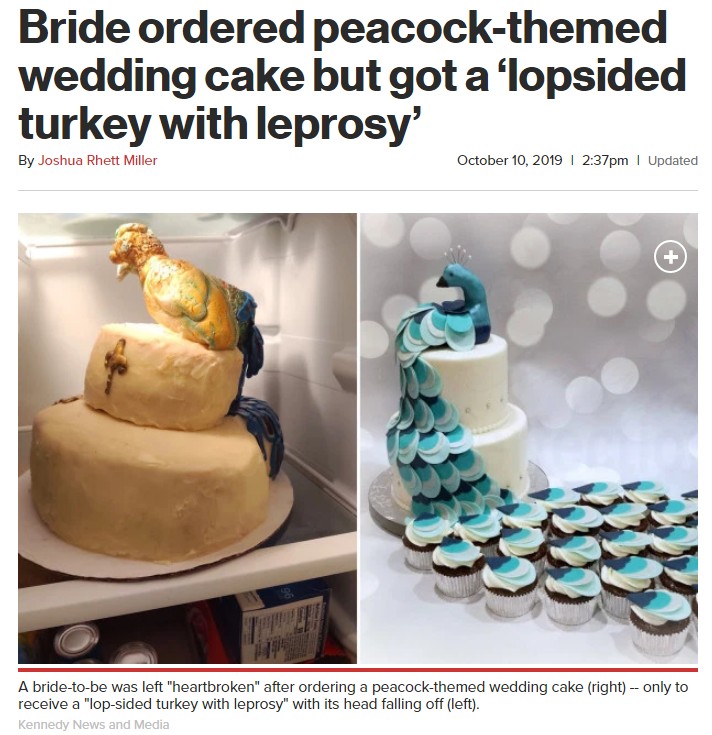 仕上がったケーキ（左）と依頼した時に見せた孔雀のケーキの写真（画像は『New York Post　2019年10月10日付「Bride ordered peacock-themed wedding cake but got a ‘lopsided turkey with leprosy’」（Kennedy News and Media）』のスクリーンショット）