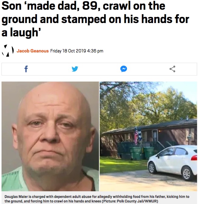 父親への虐待を繰り返していた60歳男（画像は『Metro　2019年10月18日付「Son ‘made dad, 89, crawl on the ground and stamped on his hands for a laugh’」（Picture: Polk County Jail/WMUR）』のスクリーンショット）