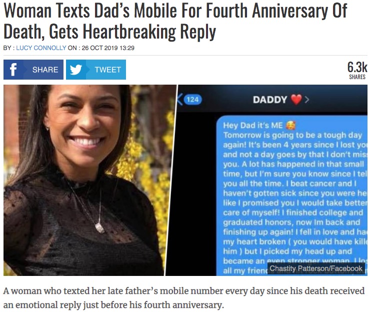 亡き男性のスマートフォンへメッセージを送り続けた女性が返事を受け取る（画像は『UNILAD　2019年10月26日付「Woman Texts Dad’s Mobile For Fourth Anniversary Of Death, Gets Heartbreaking Reply」（Chastity Patterson/Facebook）』のスクリーンショット）
