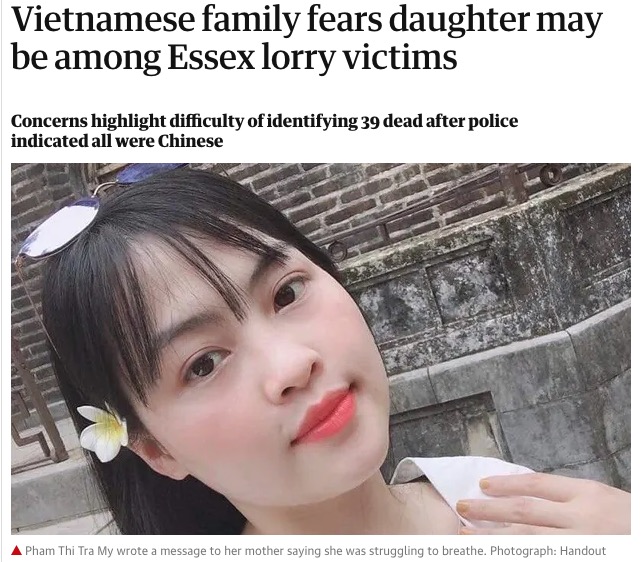 冷凍コンテナ内で死亡したと見られるベトナム人女性（画像は『The Guardian　2019年10月25日付「Vietnamese family fears daughter may be among Essex lorry victims」（Photograph: Handout）』のスクリーンショット）