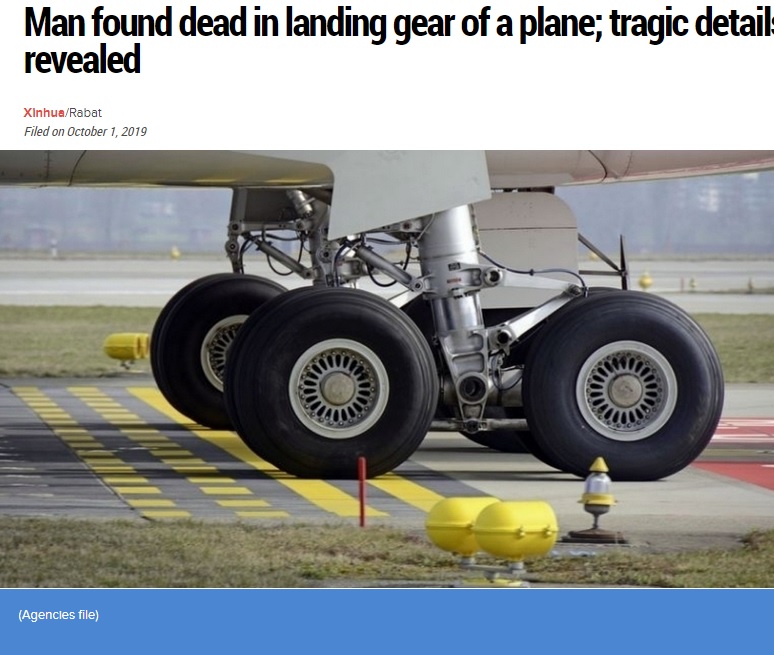 密航者が狙う車輪格納庫（画像は『Khaleej Times　2019年10月1日付「Man found dead in landing gear of a plane; tragic details revealed」（Agencies file）』のスクリーンショット）