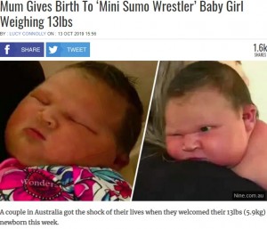 【海外発！Breaking News】5880グラムの赤ちゃん誕生に母は「まるで小さなお相撲さん」と驚愕（豪）