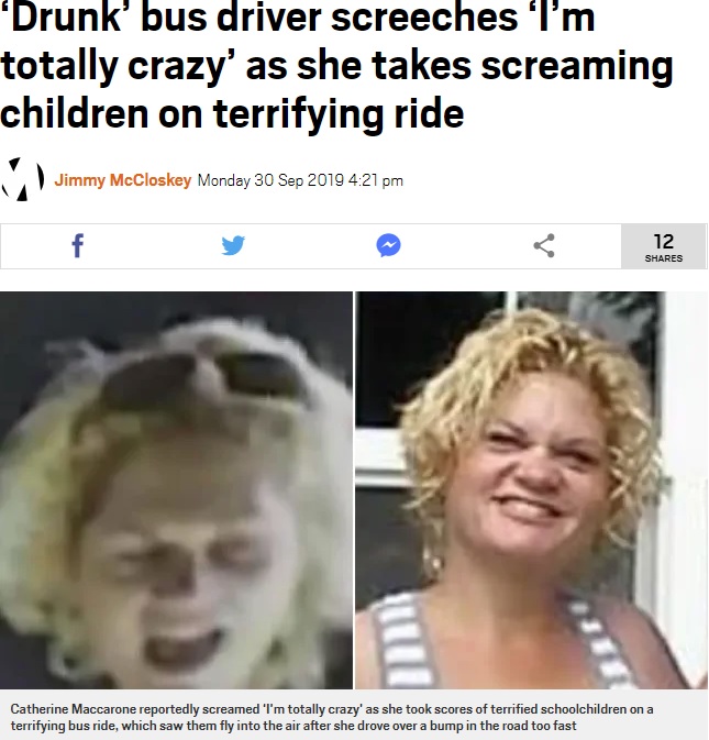 飲酒運転で逮捕されたスクールバス運転手の女（画像は『Metro　2019年9月30日付「‘Drunk’ bus driver screeches ‘I’m totally crazy’ as she takes screaming children on terrifying ride」』のスクリーンショット ）