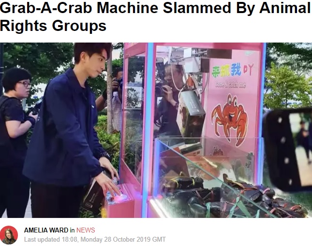 レストランに登場したカニのクレーンゲーム（画像は『LADbible　2019年10月28日付「Grab-A-Crab Machine Slammed By Animal Rights Groups」』のスクリーンショット）