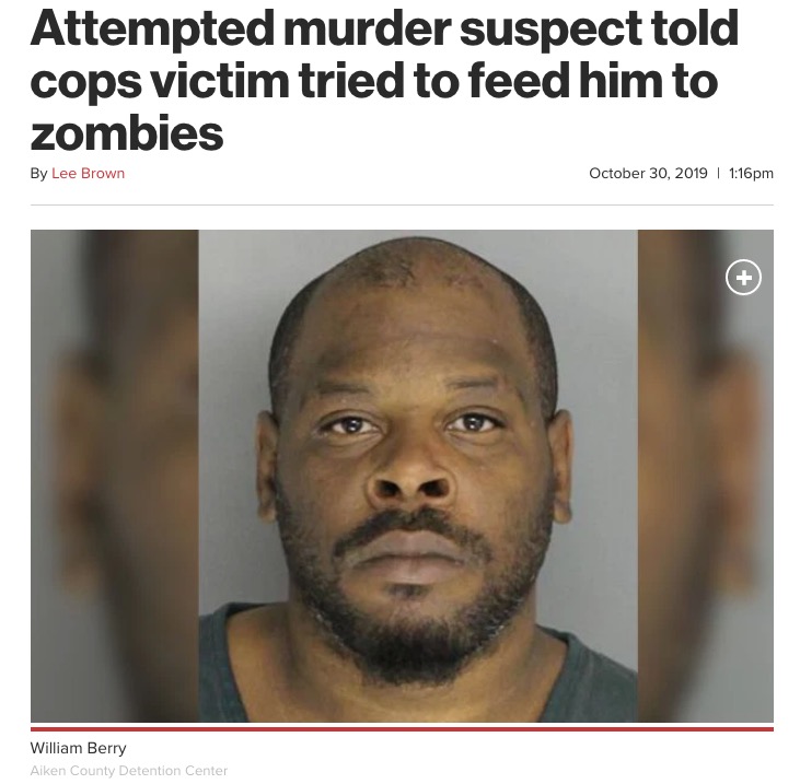 逮捕された男「ゾンビの餌にすると脅された」と主張（画像は『New York Post　2019年10月30日付「Attempted murder suspect told cops victim tried to feed him to zombies」（Aiken County Detention Center）』のスクリーンショット）