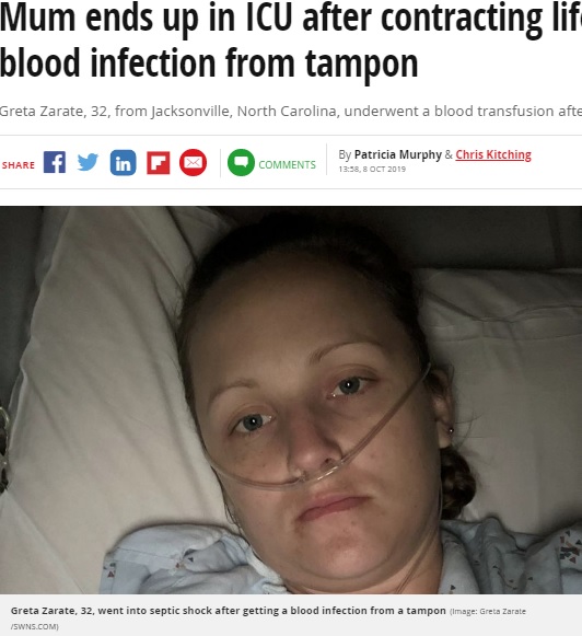 超吸収タンポン使用で命の危険に直面した女性（画像は『Mirror　2019年10月8日付「Mum ends up in ICU after contracting life-threatening blood infection from tampon」（Image: Greta Zarate /SWNS.COM）』のスクリーンショット）