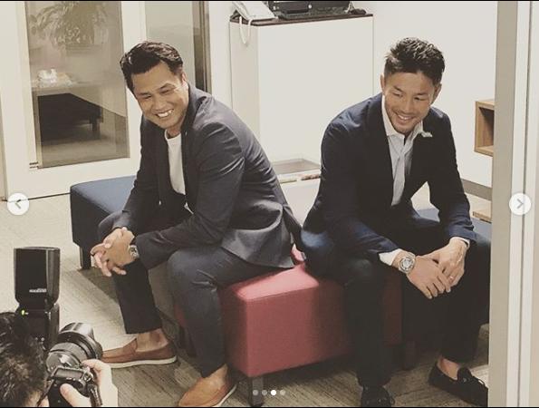大西将太郎と廣瀬俊朗（画像は『Shotaro Onishi/大西将太郎　2019年9月15日付Instagram「奈良から東京へ 今夜の最終回でW杯よりも一足早く日本中を感動の渦に巻き込むであろう男との仕事でした。」』のスクリーンショット）