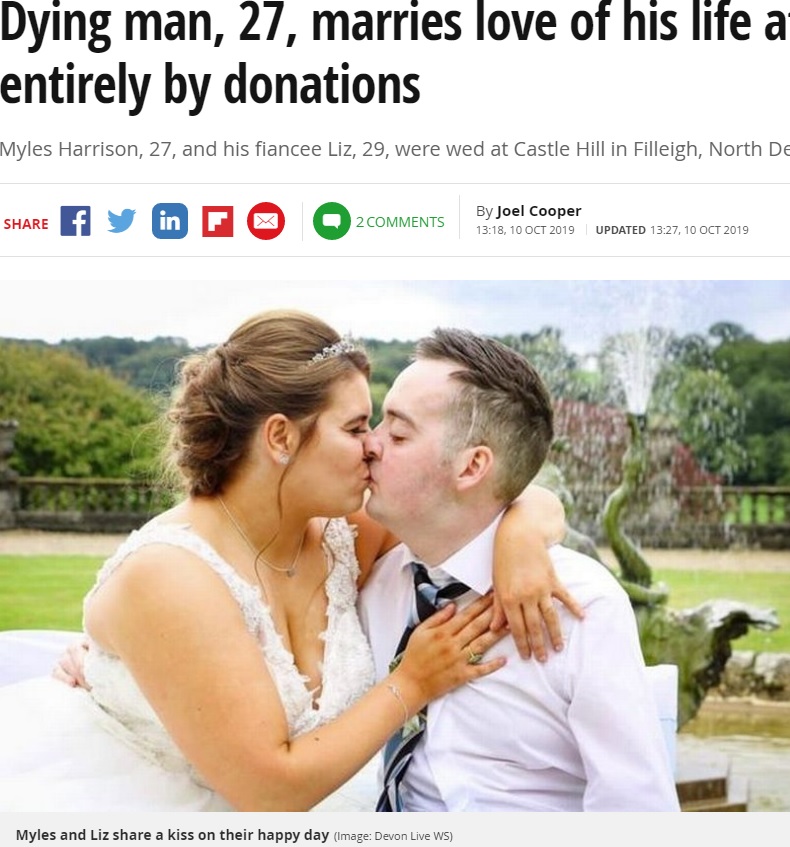 温かい祝福を受け結婚式を挙げたカップル（画像は『Mirror　2019年10月10日付「Dying man, 27, marries love of his life at wedding funded entirely by donations」（Image: Devon Live WS）』のスクリーンショット）