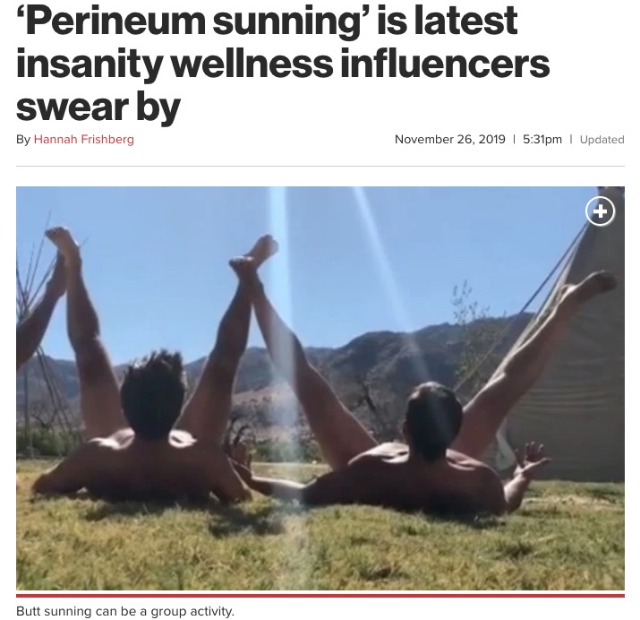 お尻の日光浴をする男性グループ（画像は『New York Post　2019年11月26日付「‘Perineum sunning’ is latest insanity wellness influencers swear by」（Instagram）』のスクリーンショット）