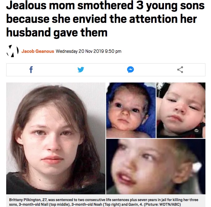 嫉妬のあまり息子3人を殺害した母親（左）（画像は『Metro　2019年11月20日付「Jealous mom smothered 3 young sons because she envied the attention her husband gave them」（Picture: WDTN/ABC）』のスクリーンショット）
