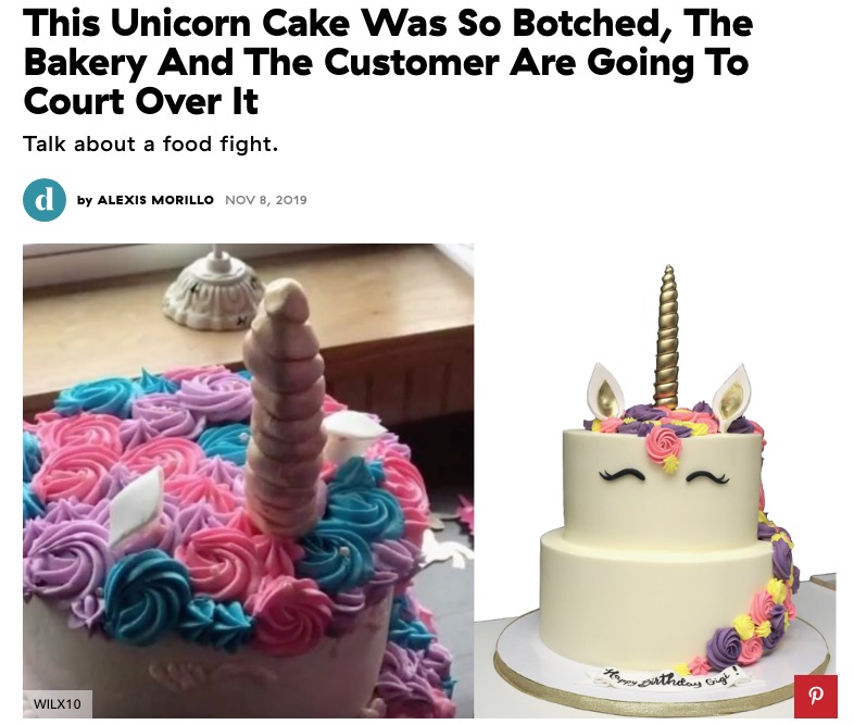 娘のための誕生日ケーキが仕上がりに唖然（画像は『Delish.com　2019年11月8日付「This Unicorn Cake Was So Botched, The Bakery And The Customer Are Going To Court Over It」（WILX10）』のスクリーンショット）