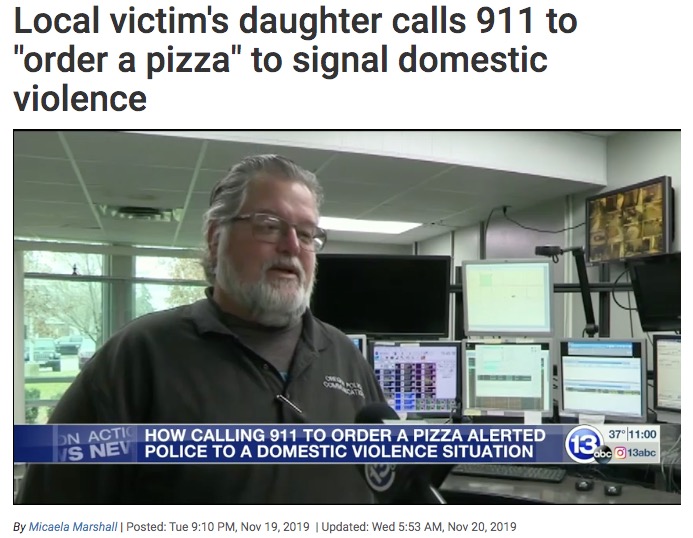 「ピザの注文」から“SOS”を読み取った男性オペレーター（画像は『13abc　2019年11月19日付「Local victim’s daughter calls 911 to “order a pizza” to signal domestic violence」』のスクリーンショット）