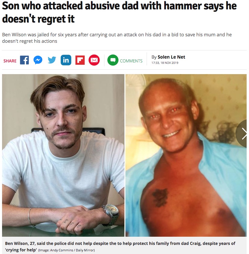 父親（右）をハンマーで殴った息子（画像は『Daily Star　2019年11月18日付「Son who attacked abusive dad with hammer says he doesn’t regret it」（Image: Andy Commins / Daily Mirror）』のスクリーンショット）