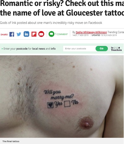 イエスの返事の後に完成されたタトゥー（画像は『Gloucestershire Live　2019年11月8日付「Romantic or risky? Check out this mad tattoo done in the name of love at Gloucester tattoo studio」』のスクリーンショット）