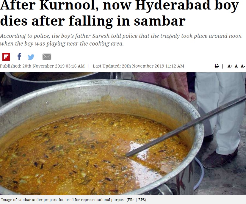 調理場で遊んでいた男児に悲劇が（画像は『New Indian Express　2019年11月20日付「After Kurnool, now Hyderabad boy dies after falling in sambar」（File | EPS）』のスクリーンショット）