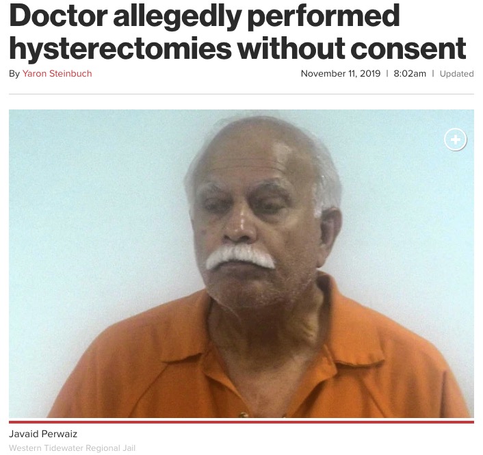 患者から同意なしで子宮を摘出した医師（画像は『New York Post　2019年11月11日付「Doctor allegedly performed hysterectomies without consent」（Western Tidewater Regional Jail）』のスクリーンショット）
