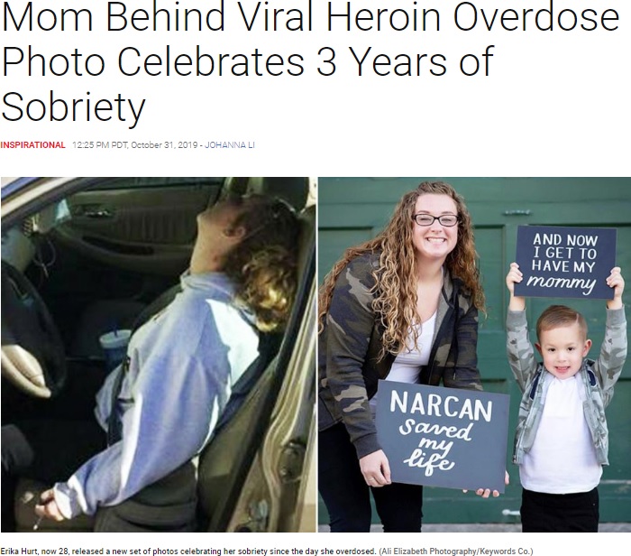 ヘロインを過剰摂取した女性の写真（左）と3年経った現在の姿（画像は『Inside Edition　2019年10月31日付「Mom Behind Viral Heroin Overdose Photo Celebrates 3 Years of Sobriety」（Ali Elizabeth Photography/Keywords Co）』のスクリーンショット）