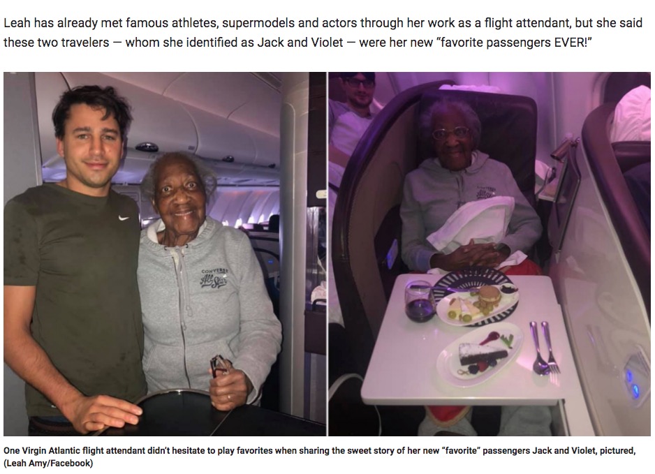 男性が機内で自分のファーストクラス席を88歳女性に譲る（画像は『Fox News　2019年12月16日付「Plane passenger gives first-class seat to 88-year-old woman, makes her ‘dream’ come true: ‘No one asked him to’」（Leah Amy/Facebook）』のスクリーンショット）