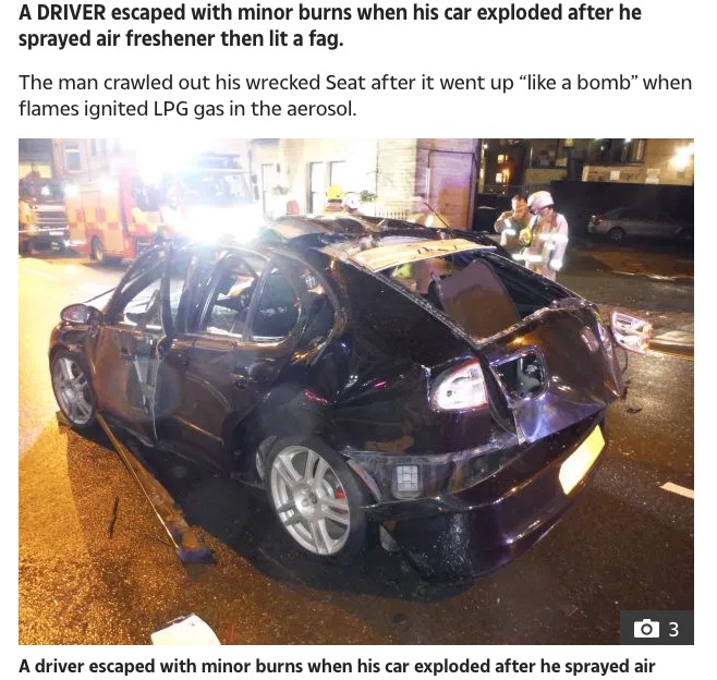 タバコに火をつけた途端に爆発した車（画像は『The Sun　2019年12月16日付「UP IN SMOKE Car explodes when driver lights cigarette minutes after spraying air freshener」（Credit: PA:Press Association）』のスクリーンショット）