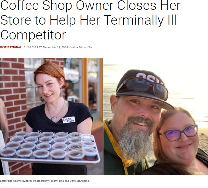 無償で働いた女性（左）と末期がんの店主＆妻（画像は『Inside Edition　2019年12月19日付「Coffee Shop Owner Closes Her Store to Help Her Terminally Ill Competitor」』のスクリーンショット）