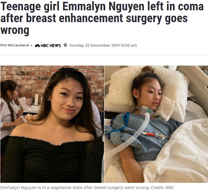 豊胸手術の麻酔で脳に障害を負った女性（画像は『7NEWS.com.au　2019年12月22日付「Teenage girl Emmalyn Nguyen left in coma after breast enhancement surgery goes wrong」（Credit: NBC）』のスクリーンショット）