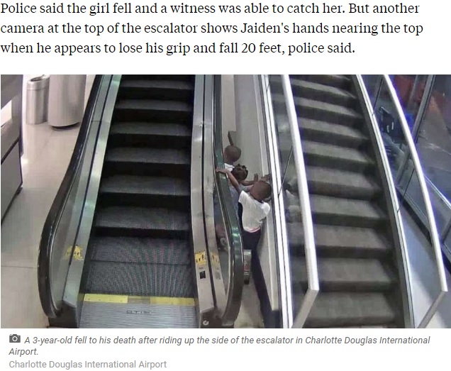 空港のエスカレーターで遊んでいた子供たち（画像は『ABC News　2019年12月6日付「New details in death of 3-year-old who fell from airport escalator」（Charlotte Douglas International Airport）』のスクリーンショット）