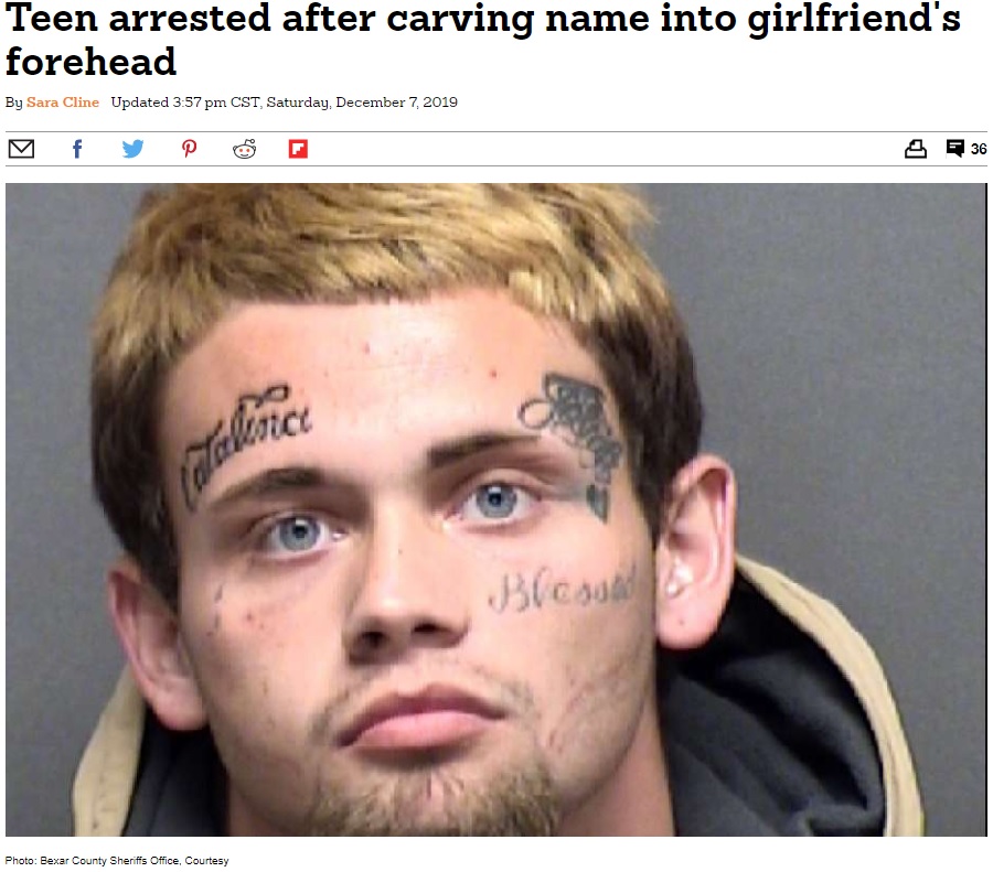 恋人の額に自分の名を刻んだ男（画像は『San Antonio Express　2019年12月7日付「Teen arrested after carving name into girlfriend’s forehead」（Photo: Bexar County Sheriffs Office, Courtesy）』のスクリーンショット）