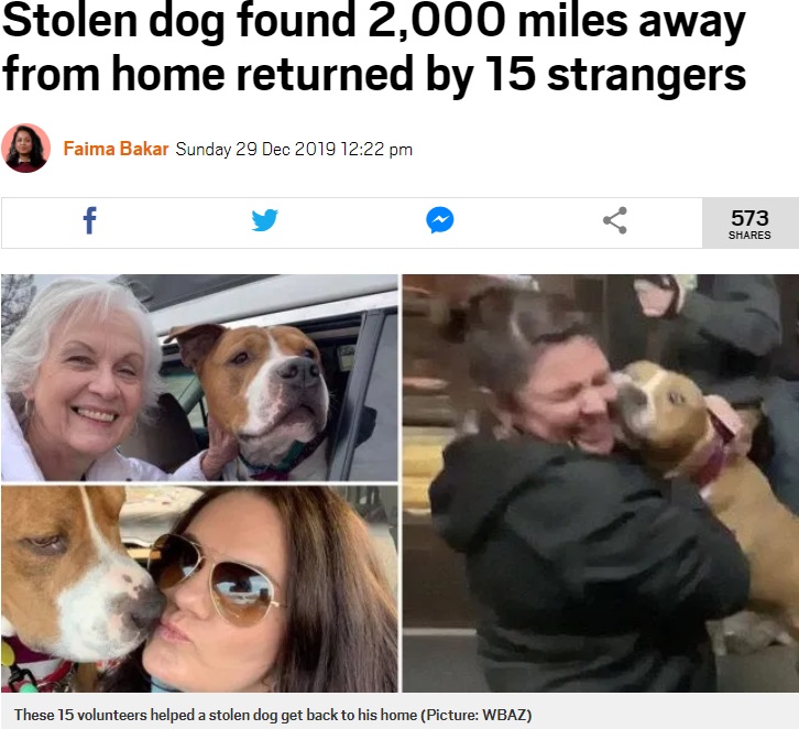 3200キロを旅して飼い主（右）と再会した犬（画像は『Metro　2019年12月29日付「Stolen dog found 2,000 miles away from home returned by 15 strangers」（Picture: WBAZ）』のスクリーンショット）
