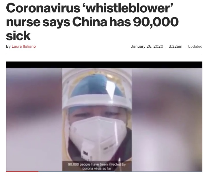 武漢市の医療従事者と名乗る女性が衝撃告白（画像は『New York Post　2020年1月26日付「Coronavirus ‘whistleblower’ nurse says China has 90,000 sick」』のスクリーンショット）