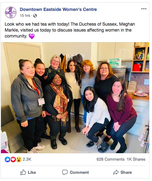 メーガン妃、女性の地位向上目指してさっそく活動開始か（画像は『Downtown Eastside Women’s Centre　2020年1月14日付Facebook「Look who we had tea with today!』のスクリーンショット）