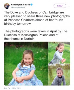 パパにそっくり？　5月に5歳の誕生日を迎えるシャーロット王女（画像は『Kensington Palace　2019年5月1日付Twitter「The Duke and Duchess of Cambridge are very pleased to share three new photographs of Princess Charlotte ahead of her fourth birthday tomorrow.」』のスクリーンショット）