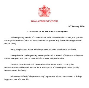 エリザベス女王による新たな声明（画像は『The Duke and Duchess of Sussex　2020年1月18日付Instagram』のスクリーンショット）