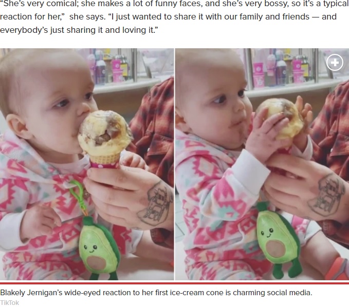 アイスクリームを初めて食べた赤ちゃん（画像は『New York Post　2020年1月22日付「Baby’s intense reaction to her first ice-cream cone goes viral」（TikTok）』のスクリーンショット）