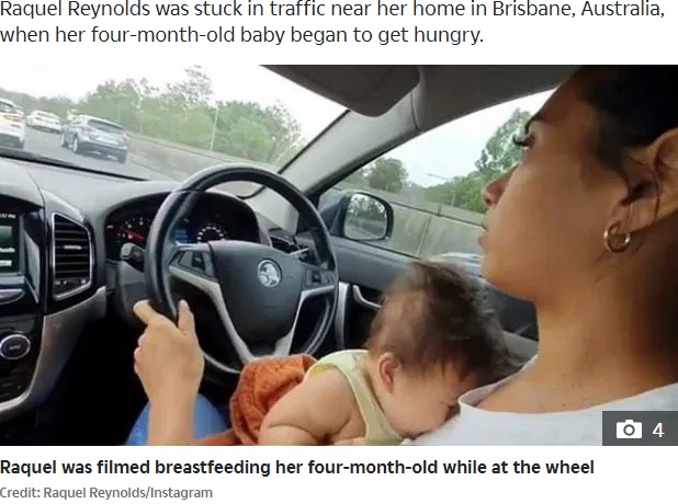 授乳しながら運転する4児の母親（画像は『The Irish Sun　2020年1月14日付「BABY ON BOARD Mum stuns fellow drivers and followers by breastfeeding her baby while driving on a motorway」（Credit: Raquel Reynolds/Instagram）』のスクリーンショット）