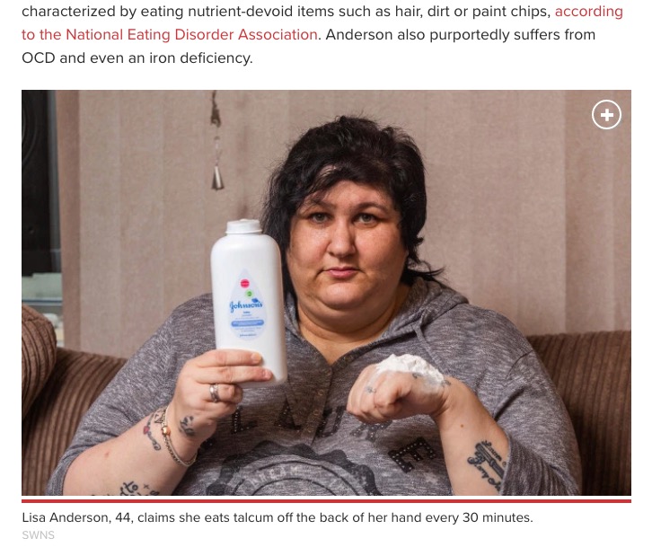 ベビーパウダーを食べ続けて15年になる44歳女性（画像は『New York Post　2020年1月7日付「Woman spends ＄10.5K on baby-powder addiction, eats a bottle a day」（SWNS）』のスクリーンショット）